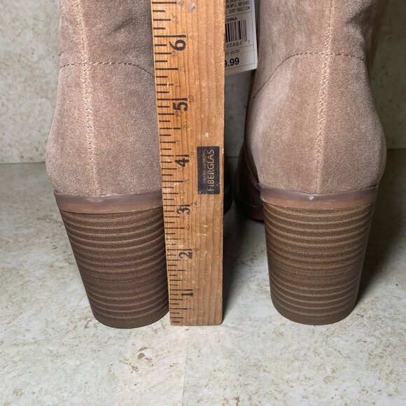 Womens Tan Faux Suede Knee-High Slouch Boots Block Heel Side Zip Boho Western - Picture 3 of 7